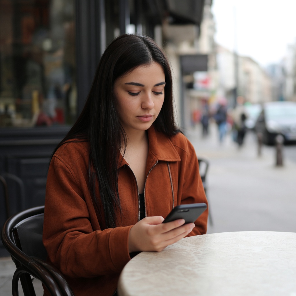 Mujer revisando su teléfono en una cafetería
